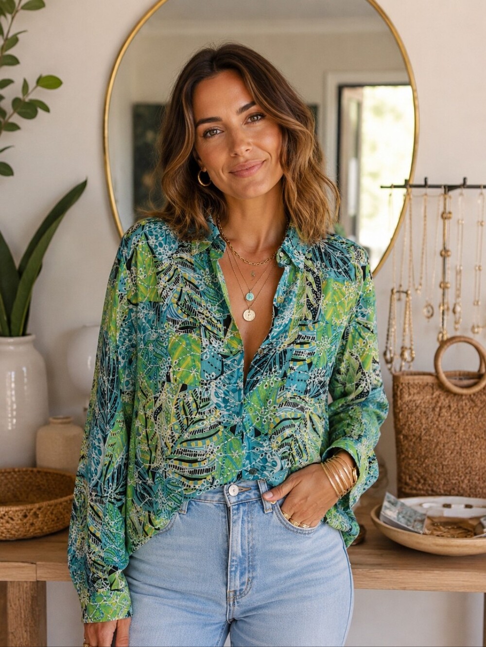Ruby Rd. Eyelet Statement Sleeve Colorful Button-down Shirt. Size Med